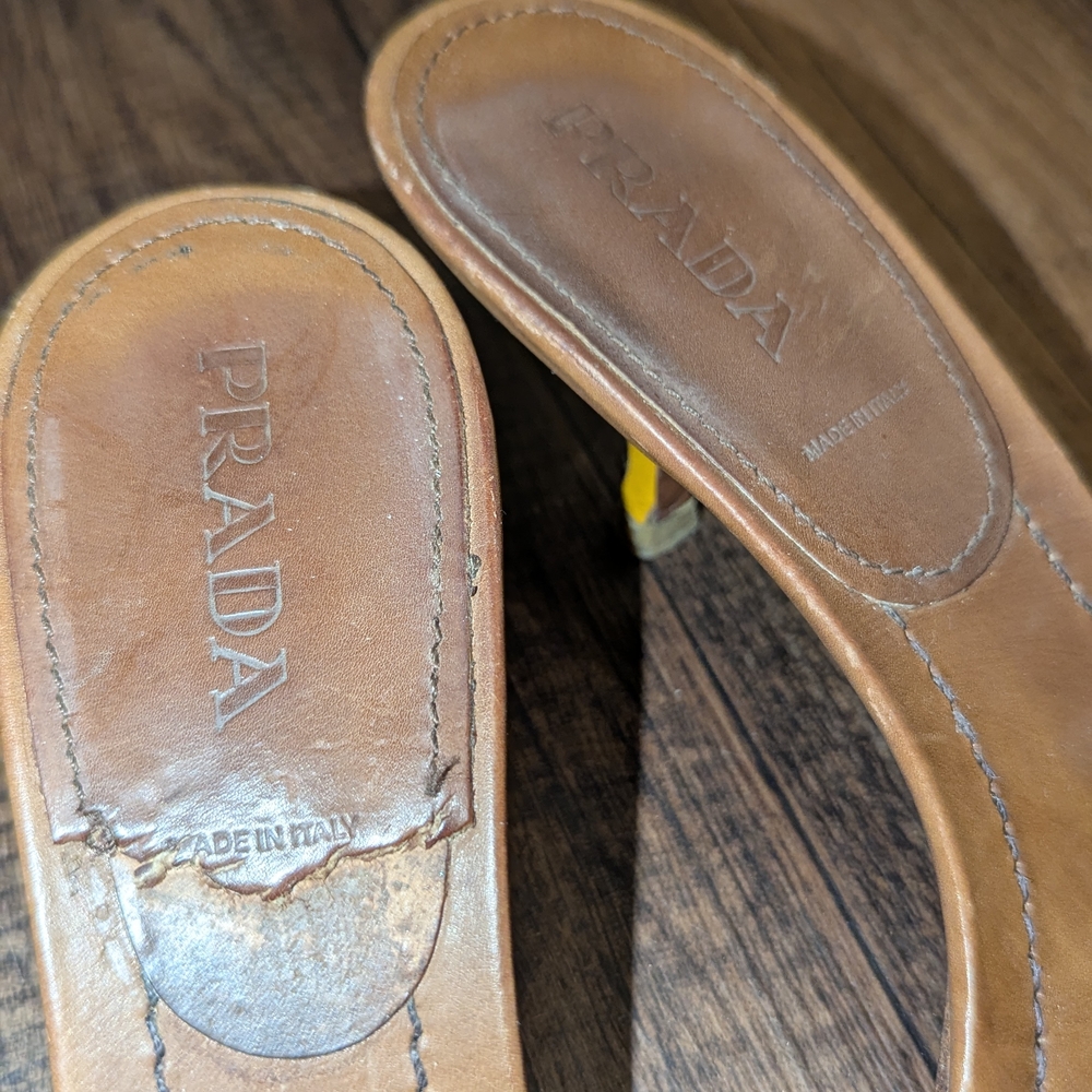 Prada Brown and Yellow Woven Sandals - Picture 2 of 9